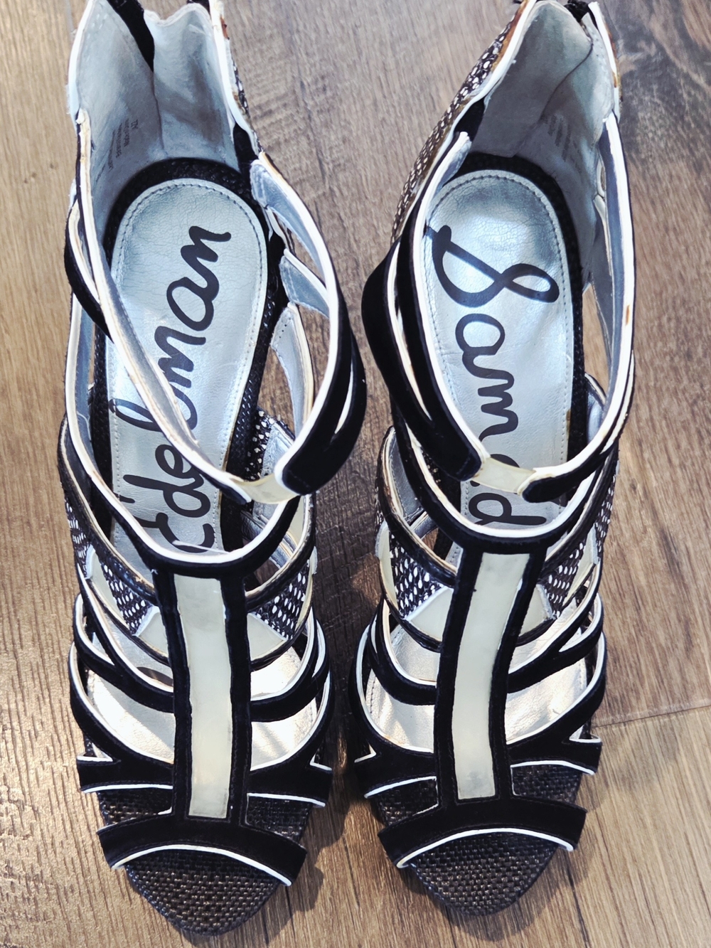 Sam Edelman Black & White Caged Strappy Stiletto Heel